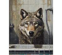 Bricolage Tapis Kit Loup Animal Dans La Salle De Baintapis Noué Au Point De Croix，Tapisserie Au Crochet À Faire Soi-Même Pour Débutants，Adultes Et Adolescents，Kit De Broderie，Kits De C 21x29in