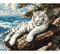 Bricolage Tapis Kit Tigre Blanc Et Paysage Marintapis Noué Au Point De Croix,Tapisserie Au Crochet À Faire Soi-Même Pour Débutants,Adultes Et Adolescents,Kit De Broderie,Kits De Croche 31x63in