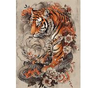 Bricolage Tapis Kit Tigre De Dessin Animé Et Fleurstapis Noué Au Point De Croix，Tapisserie Au Crochet À Faire Soi-Même Pour Débutants，Adultes Et Adolescents，Kit De Broderie，Kits De Cro 31x45in