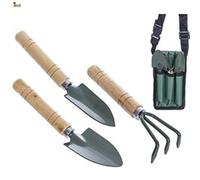 BricoLoco Kit mini outils de jardin, jardinage, potager Râteau scarificateur, transplantoir et pelle avec étui avec sangle réglable pour épaule ou ceinture. Manche en bois.