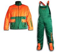 Bricoloco Veste et salopette anti-coupure pour tronçonneuse 65 % polyester et 35 % coton avec 12 couches de matériau retardateur de coupe et doublure 100 % polyester., Vert/orange, XXXL