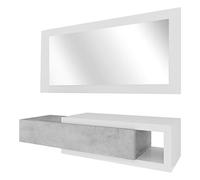 Bricozone Maiorca Meuble d'entrée Suspendu avec tiroir étagère et Miroir ameublement Salon en Bois 95 x 26 x 19 cm, Blanc Brillant et Gris Ciment