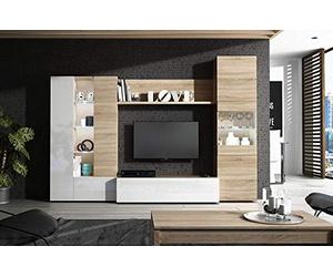 Bricozone Mobèl Meuble de Salon TV avec étagère éclairage LED, Salon, Bois, Base téléviseur, Salle à Manger, Design Moderne, 260 x 185 x 42 cm, Couleur Blanc Brillant et chêne