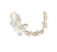 Bridal Hair Accessory with White Fabric Flowers and Golden Leaves Elegant Headband with Pearls Accessory for Weddings and Special Occasions