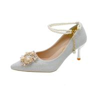 Bridal Shoe Two-Way Wear Thin Heel High Strap Knot Design Elegant Korean Style Spring Season Wedding Footwear(Silver 7cm,37)