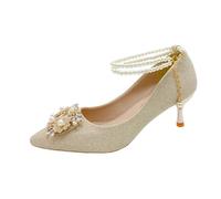 Bridal Shoe Two-Way Wear Thin Heel High Strap Knot Design Elegant Korean Style Spring Season Wedding Footwear(Champagne Gold 5cm,38)