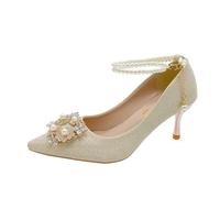 Bridal Shoe Two-Way Wear Thin Heel High Strap Knot Design Elegant Korean Style Spring Season Wedding Footwear(Champagne Gold 7cm,39)