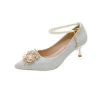 Bridal Shoe Two-Way Wear Thin Heel High Strap Knot Design Elegant Korean Style Spring Season Wedding Footwear(Silver 5cm,40)