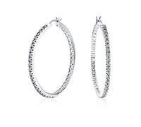Bridal White Cubic Zirconia Pave Cz Thin Inside Out Large Big Hoop Earrings For Women Wedding Prom Plated Argent 1.75 Inch Diameter