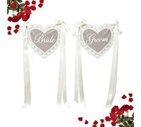 Bride Groom Chair Signs 2 Piece Sheer Lace Heart with 3 Meters Ribbon
