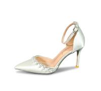 Bride Wedding Shoes Satin Pointed Toe Stiletto Heels Ankle Strap Pearls Hollow Out Party Prom Evening Dress for Women(7cm,38)