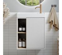 BRIDGE BENO Meuble de lavabo Mural 46 cm avec lavabo - Meuble de Toilette étroit avec Porte rainurée à Fermeture Douce et étagère Ouverte, Blanc Mat/Golden Sand