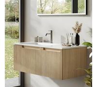 BRIDGE BENO Meuble Haut De 100 cm avec Vasque, Tiroir Et Porte en Résine Minérale, Ultra-Mince, Fermeture en Douceur, Finition Nervurée, Adapté Aux Grandes Salles De Bains. Golden Sand