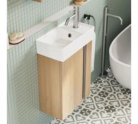 BRIDGE BENO Meuble Lavabo 40 cm en Céramique - Ensemble Compact avec Vasque pour Petites Salles de Bain et Chambre d’Amis, Meuble Flottant Mural à Porte (Golden Sand)