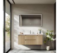 BRIDGE BENO Meuble-Lavabo Mural De 120 cm avec Lavabo en Résine Minérale, 2 Tiroirs Et Portes, Ultra-Mince, Fermeture en Douceur, Nervuré, Golden Sand