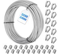 Bridokit Kit de câble en acier inoxydable de 3 mm - 30 m - Avec 20 manchons de sertissage en aluminium et 10 cosses en acier pour suspendre, regrouper, bricolage, fil de jardin pour plantes grimpantes