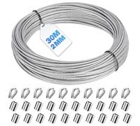 Bridokit Kit de câble en acier inoxydable gainé - 30 m - Câble métallique de 2 mm - Fil de serrage avec manchons de sertissage M2 en aluminium et cosses en acier pour suspendre, regrouper, fil de