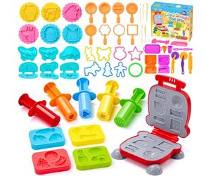 Bridokit Kit d'outils de pâte 54 pièces, accessoires de pâte à modeler et emporte-pièces pour enfants avec machine à hamburger, moules dinosaures, avec sac à cordon, coffret cadeau pour enfants de 3