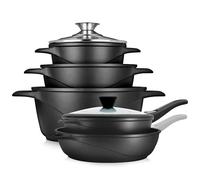 briebe Batterie de cuisine à induction 10 pièces, lot de 3 casseroles en fonte d'aluminium + 2 poêles, anti-adhésif ILAG GRANITEC sans PFOA, set de casseroles avec couvercles en verre, gants en