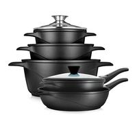 briebe Batterie de cuisine à induction 10 pièces, lot de 3 casseroles en fonte d'aluminium + 2 poêles, anti-adhésif ILAG GRANITEC sans PFOA, set de casseroles avec couvercles en verre, gants en