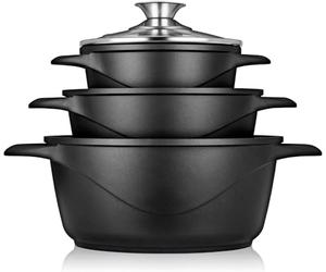 briebe Batterie de Cuisine Induction 6 Pièces, Ensemble de 3 Casseroles en Fonte d'Aluminium, Antiadhésive ILAG GRANITEC sans PFOA, Couvercles en Verre, Gants en Silicone, Tout Feux et Four, MGK-18