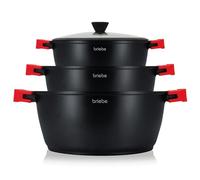 briebe Black Titanium Batterie Cuisine Induction 6 Pièce Antiadhésif Titane | Ensemble 3 Casseroles en Fonte d'Aluminium sans PFOA, Couvercles en Verre, Poignées en Silicone, Vitrocéramique, Gaz, Four
