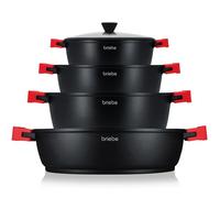 briebe Black Titanium Batterie Cuisine Induction 8 Pièce Antiadhésif Titane | Ensemble 4 Casseroles en Fonte d'Aluminium sans PFOA, Couvercles en Verre, Poignées en Silicone, Vitrocéramique, Gaz, Four