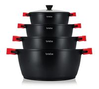 briebe Black Titanium Batterie Cuisine Induction 8 Pièce Antiadhésif Titane | Ensemble 4 Casseroles en Fonte d'Aluminium sans PFOA, Couvercles en Verre, Poignées en Silicone, Vitrocéramique, Gaz, Four