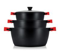 briebe Black Titanium Batterie de Cuisine Induction 6 Pièces Antiadhésive Titane, Lot de 3 Casseroles en Fonte d'Aluminium sans PFOA, Couvercles en Verre, Poignées Amovibles en Silicone