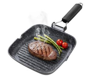Briebe Grill Steakhouse Rayures Induction Antiadhésive Titane, Poêle Grill 28 x 28 cm, Aluminium moulé sous pression sans PFOA, Manche pliable