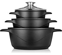 Briebe MGK-18 Set de casseroles à induction 6-pièces en fonte d'aluminium 3 casseroles 3 couvercles en verre noir