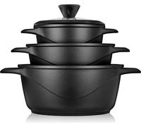 Briebe MGK-18S Set de casseroles à induction 6-pièces en fonte d'aluminium 3 casseroles 3 couvercles en verre noir