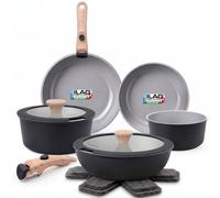 briebe Nest Batterie de Cuisine Induction Céramique avec Poignée Amovible | Set 13 Pièces 2 Casseroles et 3 Poêles Empilable, Antiadhésif Suisse ILAG sans PFOA, Aluminium Moulé,Four, Design Scandinave