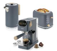 briebe Nordic Ensemble Machine à Café Expresso 20 Bars Capsules et Café Moulu + Bouilloire Électrique 1,7L sans Fil, 2200W + Grille Pain 2 Fentes Larges, Set Petit-Déjeuner Design Nordique Gris