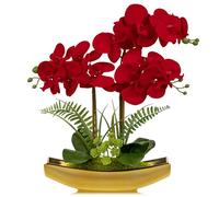 Briful Arrangement de fleurs artificielles Phalaenopsis de 17 pouces, orchidée artificielle en pot en or brillant, fleurs artificielles en velours et soie pour centre de table, salon, décoration de