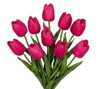 Briful Lot de 10 tulipes artificielles au toucher réaliste - Rose vif - En latex synthétique - Bouquet de mariage pour fête de jardin, décoration de la maison