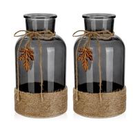 Briful Lot de 2 grands vases à fleurs en verre de 20 cm de haut enveloppés d'une corde de jute avec feuille d'érable réaliste en cristal pour décoration de table