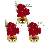 Briful Lot de 3 fleurs artificielles orchidées artificielles comme de véritables fleurs décoratives rouges avec vase en verre doré Décoration de salle de bain Plante artificielle pour salon, fête