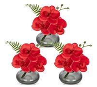 Briful Lot de 3 orchidées artificielles dans un vase en verre foncé, orchidées rouges dans de l'eau artificielle pour décoration de salon, salle de bain, bureau