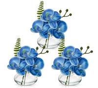 Briful Lot de 3 orchidées artificielles dans un vase en verre, orchidées bleues artificielles dans l'eau artificielle pour décoration de salon, salle de bain, bureau