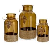 Briful Lot de 3 vases à fleurs en verre ambré de tailles mélangées enveloppés avec une corde de jute, vase en verre ambré avec feuille d'érable réaliste en cristal pour décoration de table