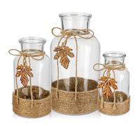 Briful Lot de 3 vases à fleurs en verre de différentes tailles enveloppés d'une corde de jute - Vase en verre transparent avec feuille d'érable réaliste en cristal pour fleurs et bourgeons -