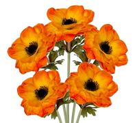 Briful Lot de 5 fleurs artificielles anémone avec tige floquée, 53 cm, fleurs artificielles orange pour décoration de maison, bureau