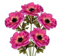 Briful Lot de 5 fleurs artificielles anémone avec tige floquée, 53 cm, fleurs artificielles rose vif pour décoration de maison, bureau