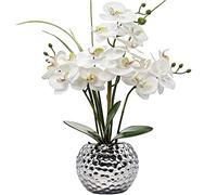 Briful Orchidée artificielle en soie de 20,8" dans un pot en céramique argenté, plante d'orchidée en soie blanche, fleurs de phalaenopsis artificielles pour mariage, centre de table de table basse