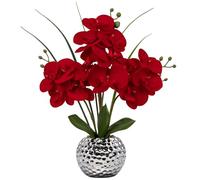 Briful Orchidée artificielle en velours de 43,9 cm dans un pot en céramique argenté, fleurs artificielles en soie, orchidée phalaenopsis artificielle rouge pour mariage, centre de table basse