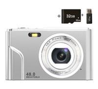 Brightake Appareil photo numérique portable, compact 32 Go, facile à prendre en main, 48 MP, écran HD, objectif zoom, écran IPS, argenté Argent G