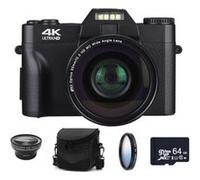 Brightake Caméra numérique 4K, caméra vidéo 48 mégapixels, autofocus, écran rabattable à 180 degrés, zoom numérique 16x, 64 Go avec objectif grand-angle et filtre, sacoche pour caméra, rose Noir G