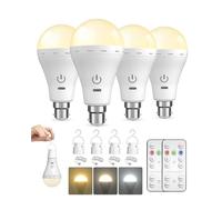 BrightArk Lot de 4 ampoules rechargeables avec télécommande, 3 couleurs + 10 % à 100 % à intensité variable, ampoule rechargeable par USB avec contrôle tactile B22 A70 LED pour intérieur/extérieur