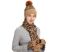 BrightGlow Ensemble combiné de écharpe d'hiver avec pompon léopard doux 3 en 1, bonnet, écharpe, gants pour femme, ensemble écharpe, bonnet et gants pour écran tactile, kaki, Taille Unique
